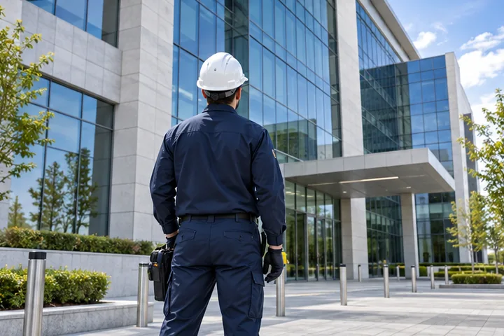 Modern bir yapı önünde temizlik çalışanı